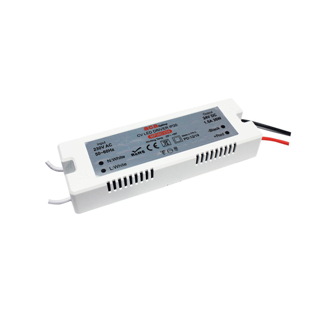 MP36CV24.png MINI PLASTIC CV LED DRIVER 36W 230V AC-24V DC 1.5A IP20 WITH CABLES - Image 1